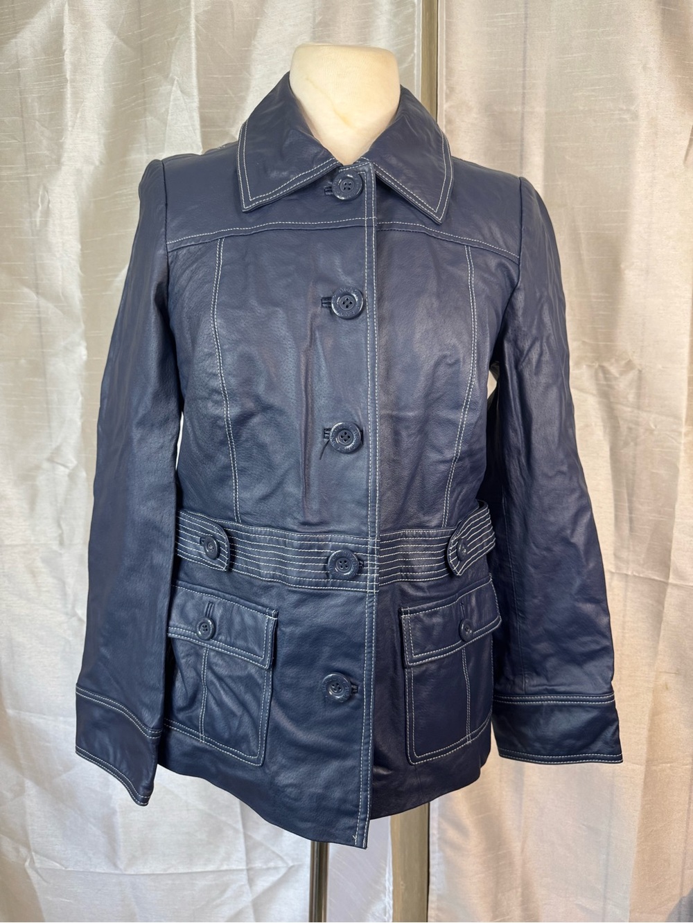 Women's Navy Leather Button-Front Jacket